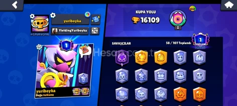 16K KUPALI BRAWL STARS 58 karakterli ve 77 kostümlü ko