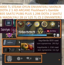 6 MADALYALI 28 LV 835 SAAT PUBG PLUS 1 AD ARCANE 125 TL