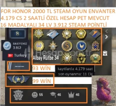 16 MADALYALI 34 LV 4.179 CS 2 SAATLİ FOR HONOR 2000 TL