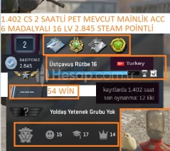 6 MADALYALI 16 LV 1.402 CS 2 SAATLİ MAİNLİK HESAP STEAM