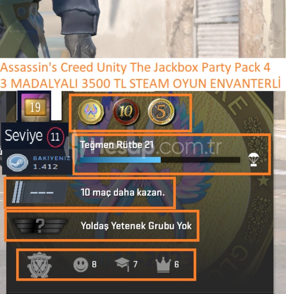 3 MADALYALI 21 LV 19.9 DİGİT Assassin's Creed Unity 3500 TL STEAM